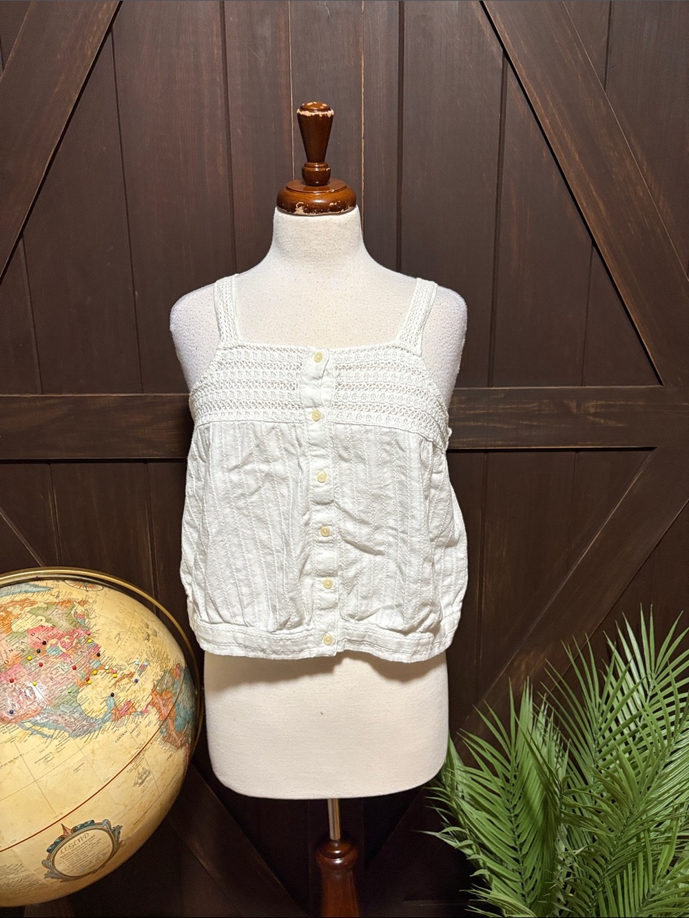 Universal Thread Cream Crochet-Trim Button Front Tank